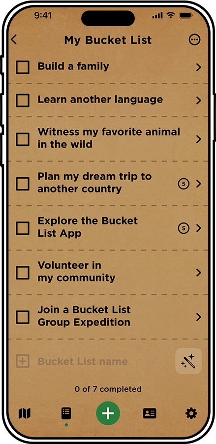 screenshot of the app showing the default bucket list screen